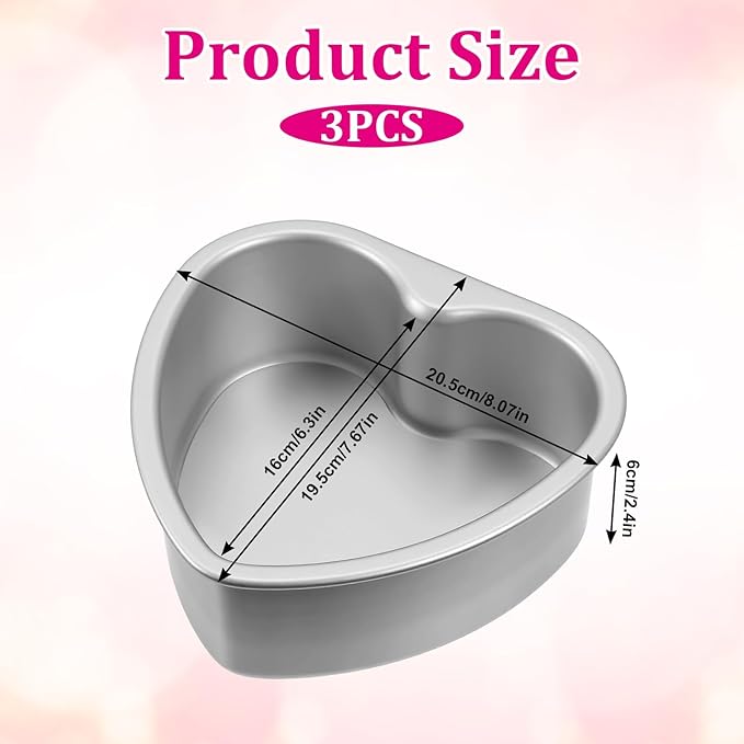 3 Pcs Heart Baking Pan with Removable Bottom, 8 Inch Aluminum Love Cake Molds, Reusable Heart Baking Tool for Kitchen, Wedding, Family, Gathering, Valentine's Day, Birthday Party