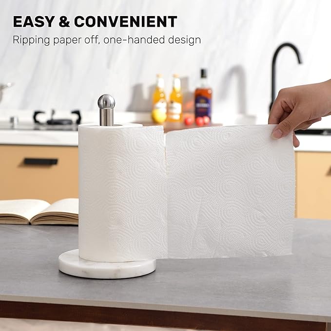 Paper Towel Holder with Sturdy Marble Base, Freestanding Paper Towel Holder Countertop, One-Handed Use, No Wobbly (Brushed Nickel)