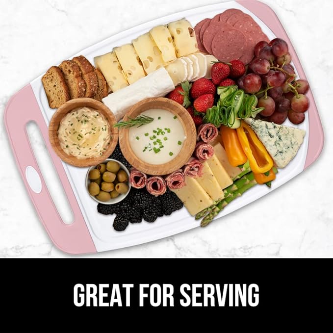 GORILLA GRIP BPA-Free Reversible Kitchen Cutting Board Set of 3, US Designed, Nonporous, Juice Grooves Catch Liquid, Slip Resistant Border, Dishwasher Safe, Durable Large Food Chopping Boards, Pink