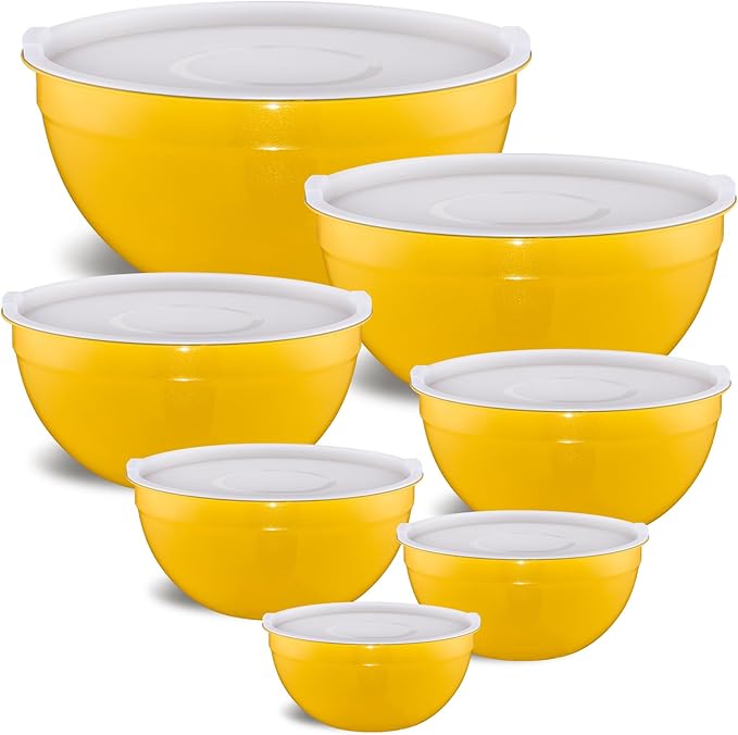 Yellow Mixing Bowls with Airtight Lids, Stainless Steel Nesting Mixing Bowls Set of 7, Ideal for Baking, Prepping and Serving Food, Size 7, 3.6, 2.7, 2.1, 1.5, 1.1,0.8 QT, Stackable Design
