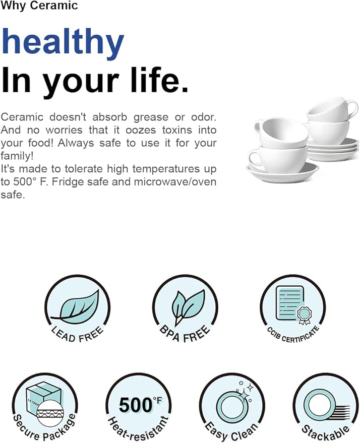 LE TAUCI 3 oz Espresso Cups with Saucers, Demitasse Coffee Cup for Shot, Lungo, Ristretto - 3 inch, Set of 4, White