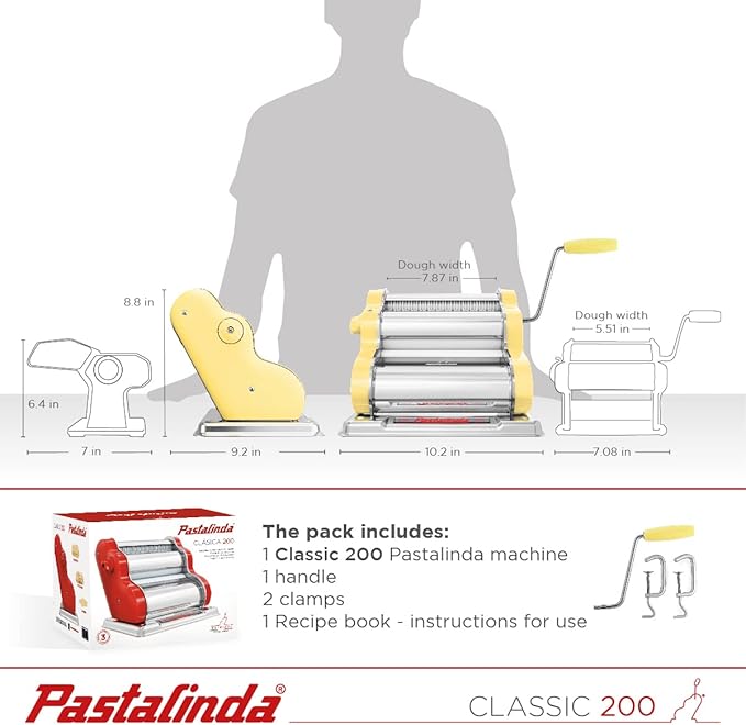 PASTALINDA Classic 200 Pasta Maker Machine, 20 cm Wide Rollers, 9 Thickness Positions, 2 Cutting Positions, Stainless Steel. Includes Reinforced Hand Crank And Two Clamps