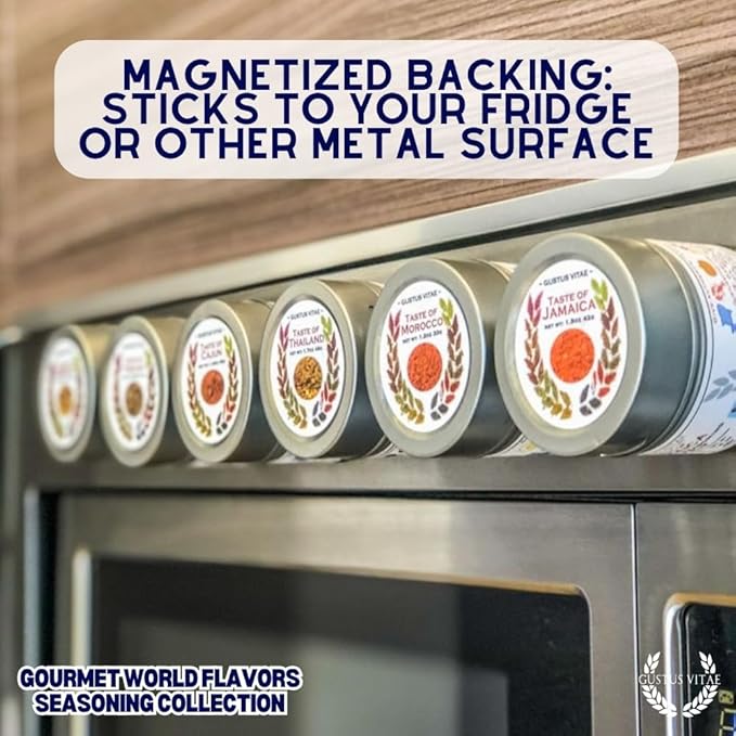 Gourmet World Flavors Seasoning Collection | Non GMO Verified | 6 Magnetic Tins | Spice Blends | Crafted in Small Batches by Gustus Vitae | #68