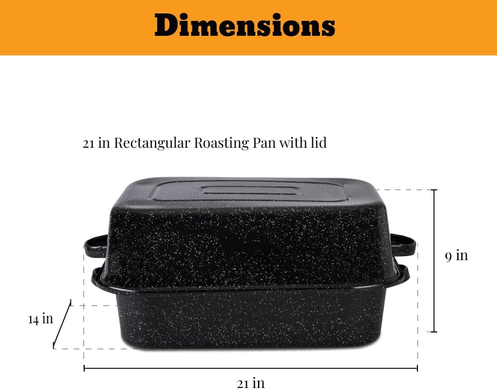 Granite Ware 21 in Oven Rectangular Roaster with lid and V Rack (Speckled Black) - Accommodates up to 25 lb poultry or roast.
