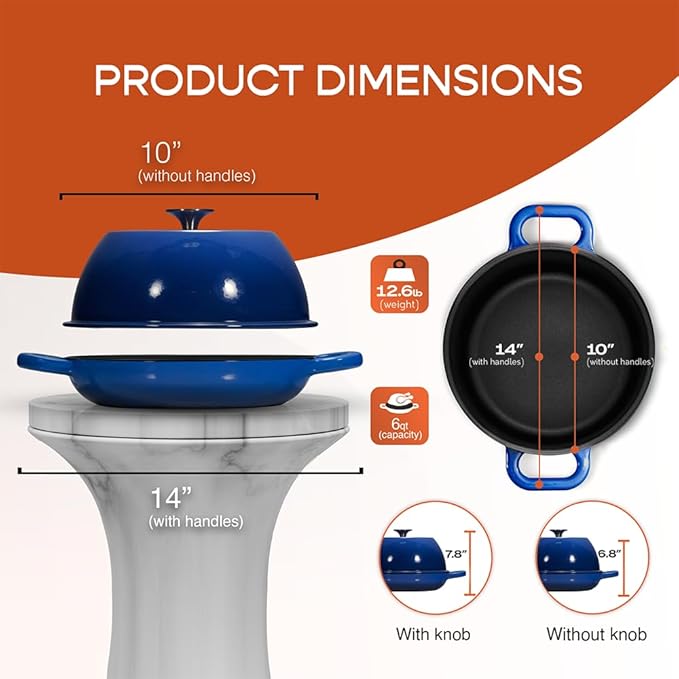 Enameled Cast Iron Dutch Oven for Sourdough Bread Baking | 6 Quart Pot with Lid | 10 Inch Ceramic Enamel Thick Coated Cookware Set with Non Stick Silicone Baking Mat for Cooking