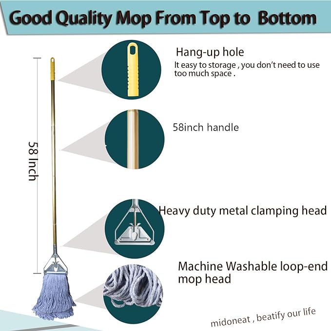 Heavy Duty Commercial Industrial Mop ,58" Looped-End String Wet Cotton Mops for Floor Cleaning, Including Three mop Head Replacement
