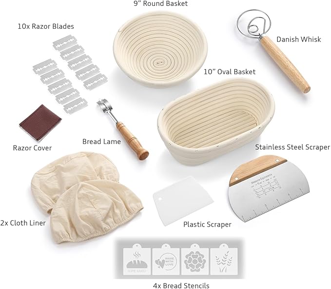 Saint Germain Bakery Premium Round Bread Banneton Basket with Liner - Perfect Brotform Proofing Basket for Making Beautiful Bread - (9 in. Round/10 in. Oval)