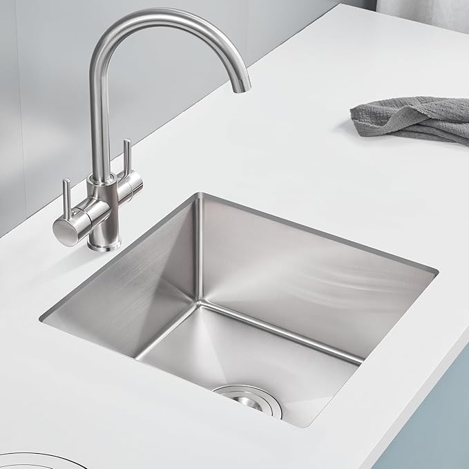 Kitchen Sink, POPFLY 18 Inch Undermount Kitchen Sinks, 304 Stainless Steel Single Bowl 9 Inches Deep Small Bar or Prep Sink, Brushed Nickel Fregadero（18×18×9）