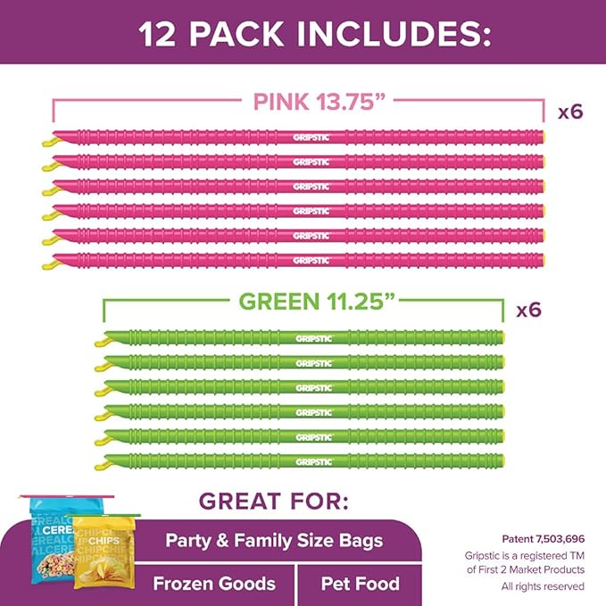 GripStic Bag Sealer. Reusable Chip Clips, Bag Clips For Food. Patented. Airtight & Waterproof Bag Clips for Food Storage. Clip Chip For Chips and Other Food Bags. (6) 11.25" and (6) 13.75" GripStics.