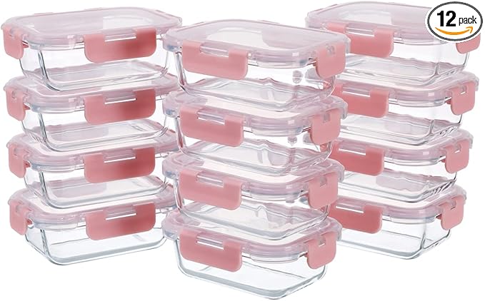 Small Glass Food Storage Containers 12 Pack-12oz Glass Containers with Lids for Meal Prep, Food Storage, Freezer to Microwave Safe, Air-Tight, Leak-Proof, Pink Set