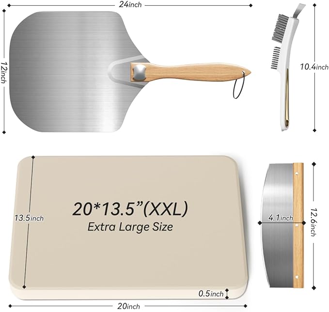 4 PCS Rectangle Pizza Stone Set, 20" Large Pizza Stone for Oven and Grill with Pizza Peel, Pizza Cutter & Brush, Baking Stone for Pizza, Bread,BBQ