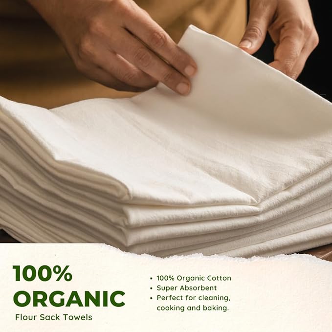 Organic Flour Sack Towels - 8 Pack, 27x27 inch, Natural, Unbleached, Lint-Free, White, Kitchen Towels