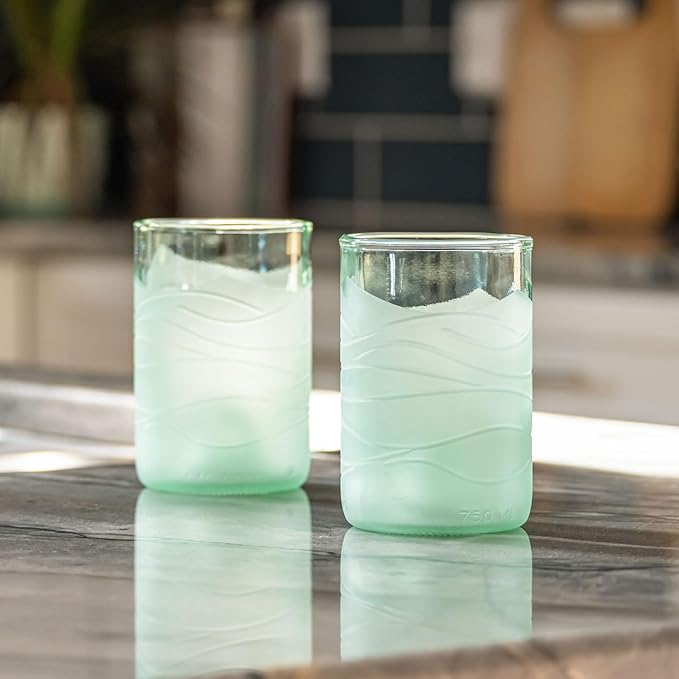 Rolf Glass Glacier Glass 12oz Tumbler | Recycled Glassware | Made in the USA | Antique Green Glass | Eco-Friendly Repurposed Wine Bottles | Set of 4