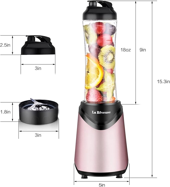 La Reveuse Smoothies Blender Personal Size 300 Watts with 18 oz BPA-Free Portable Travel Sports Bottle (Pink)