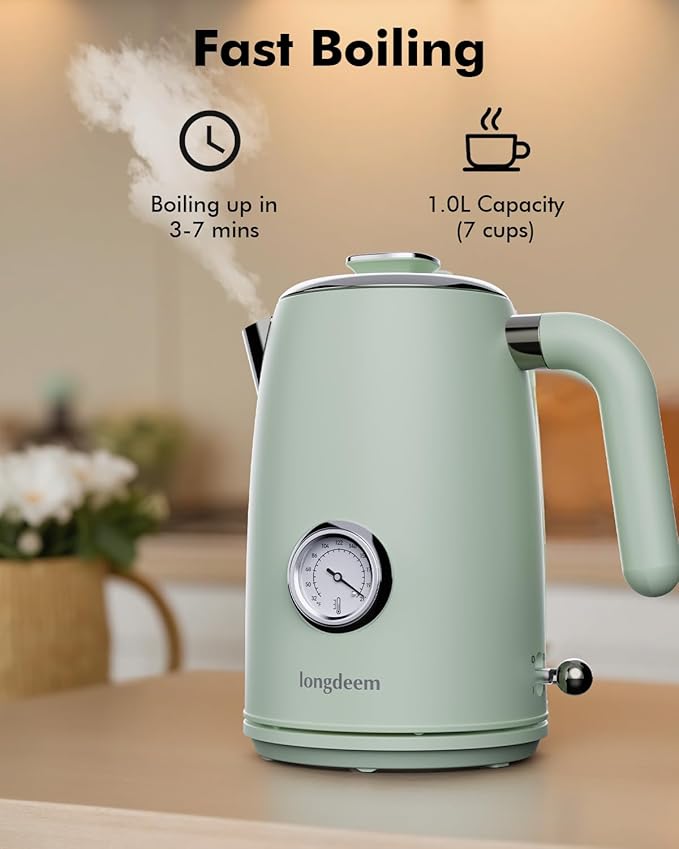 LONGDEEM 1L Small Electric Kettles Stainless Steel, Portable Travel Mini Hot Water Boiler Heater, Cool Touch Teapot, Auto Shut-Off & Boil-Dry Protection for Cooking, Business Trip and More, Green