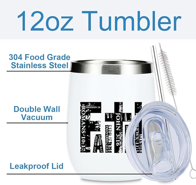 Inspirational Faith Christian Gifts for Women Men Wine Tumbler Insulated Wine Glasses 12 oz Tumbler with Lid Bible Verse Religious Gifts for Her Him Mom Grandma Coworker Boss Birthday Christmas