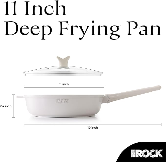 THE ROCK SOHO 4 Qt Nonstick Deep Frying Pan Skillet with Glass Lid, 11 Inch Large Deep Frying Pan, Ceramic Non Toxic Skillet with Heat-Resistant Handle, PFOA & PFAS Free, Oven & Dishwasher Safe, Cream
