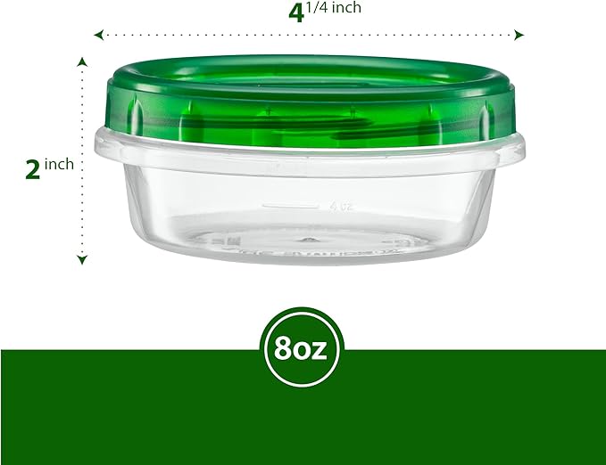 (8 Ounce 10 Pack) Twist cap Containers Clear Bottom With Green Top Screw on Lids Twist Top Food Storage Freezer Containers