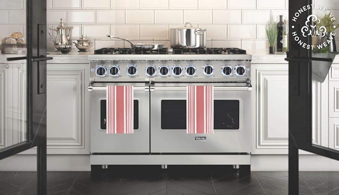 GOTS Certified Organic Cotton Kitchen Hand and Dish Towel Sets - Oversized 20x30 inches, Fully Hemmed, in Designer Colors, 6-Pack, Coral Stripe