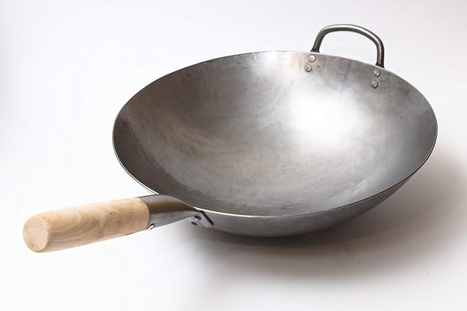 Craft Wok Traditional Hand Hammered Chinese Carbon Steel Wok with Wooden and Steel Helper Handle (14 Inch, Round Bottom Pow Wok Pan) / 731W88