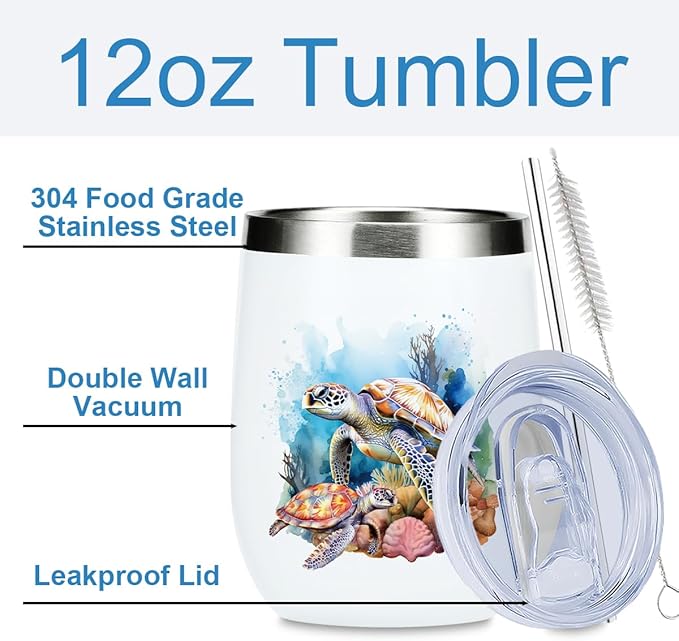 Sea Turtle Gifts for Women Men Sea Turtle Decor Stuff Wine Tumbler Insulated Wine Glasses 12 oz Tumbler with Lid for Women Men Turtles Lovers Female Girl Mom Coworker Birthday Christmas Friendship