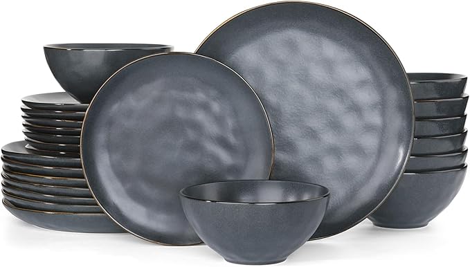 Famiware Dinnerware Sets for 8, Ocean Round 24-Piece Kitchen Plates and Bowls Sets, Microwave and Dishwasher Safe, Scratch Resistant, Matte Black