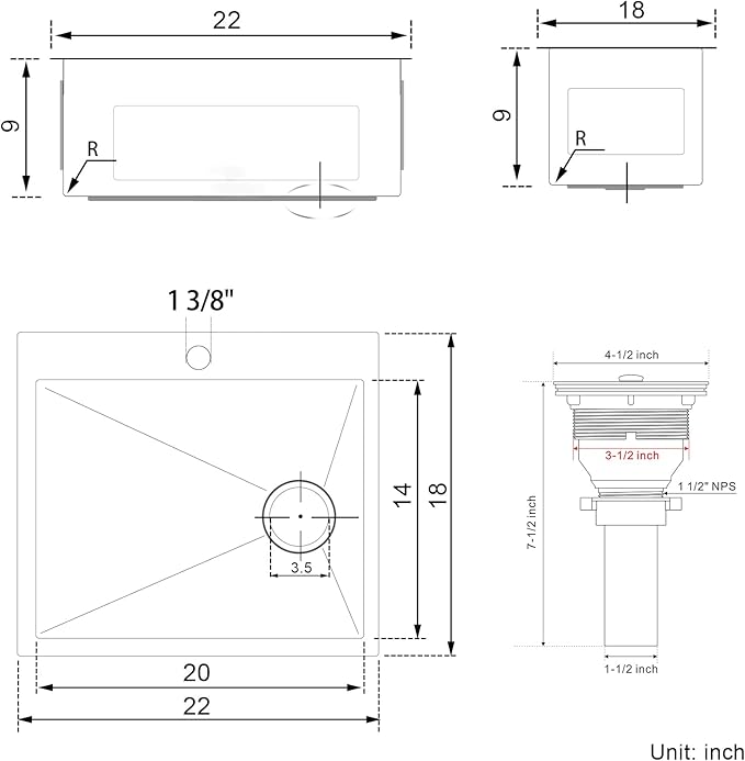 Kitchen Sink, 22 x 18 Inch Drop in Sink, 304 Stainless Steel Kitchen Sink, Centre-Offset Drain, 9" Deep Single Bowl, Topmount Installation, Brushed(Inclued Drain Strainer & Bottom Grid)