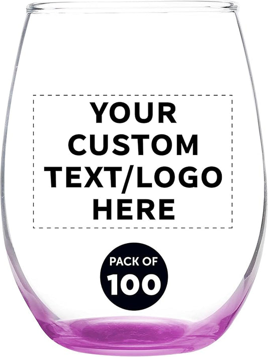 Custom Stemless Wine Glass 9 oz. Set of 100, Personalized Bulk Pack - Great for Wedding Favors, Bachelorette Party Decorations, Party Favors, Color Bottom - Pink