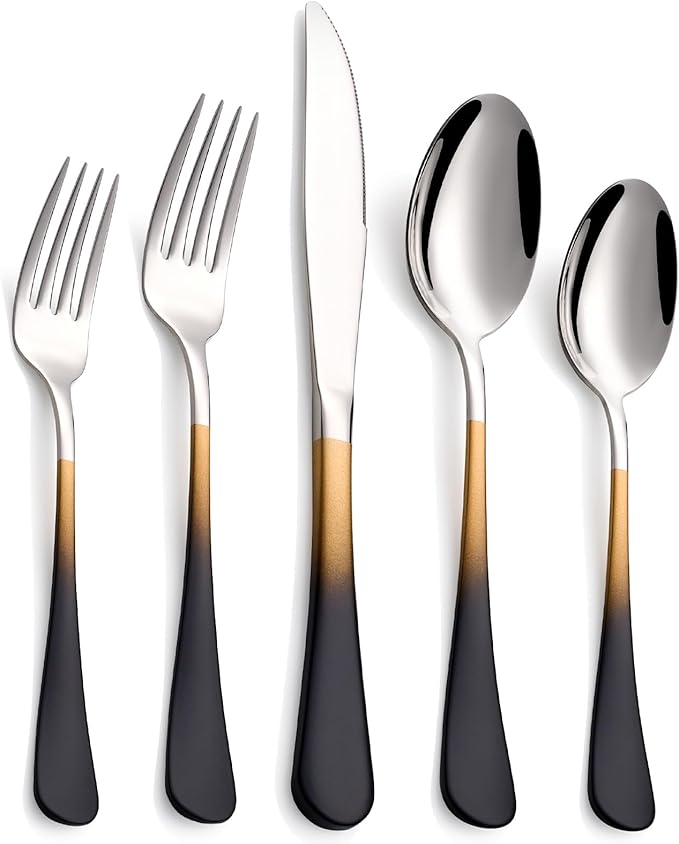 20-Piece Black Gold and Silverware Set, 18/0 Stainless Steel Colorful Handle Flatware Set,Service for 4,Modern Cutlery Set Includes Dinner Knives Forks Spoons,Mirror Polished,Dishwasher Safe