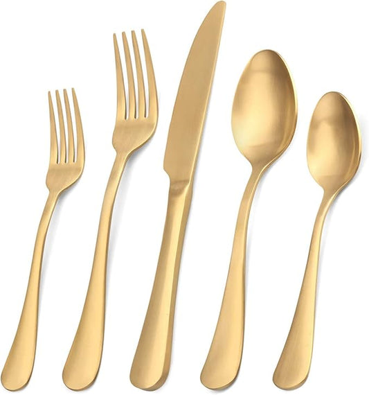 SHARECOOK Satin Finish 40-Piece Stainless Steel Flatware Set, Matte Gold Silverware, Dishwasher Safe