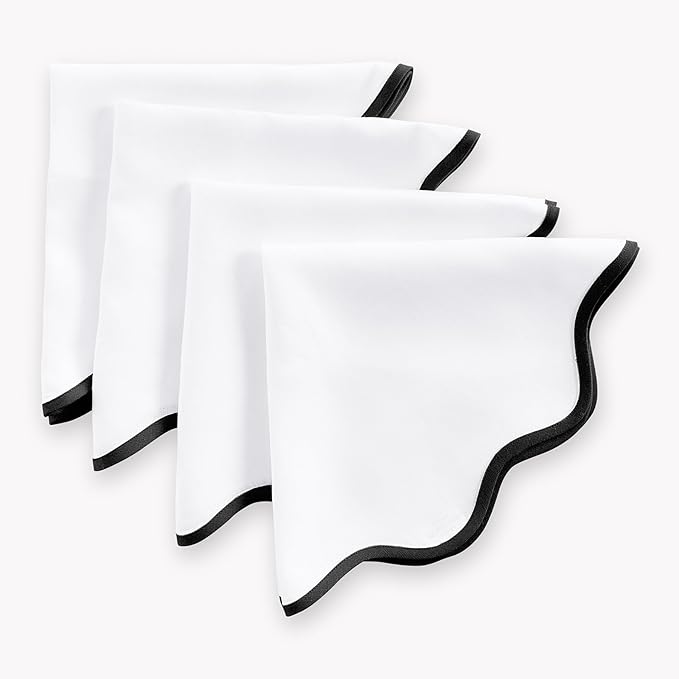 Solino Home Scallop Linen Napkins Set of 4-100% Pure Linen Black and White Dinner Napkins Cloth 20 Inch for Winter - Giselle Scallop Edge, Handcrafted and Machine Washable