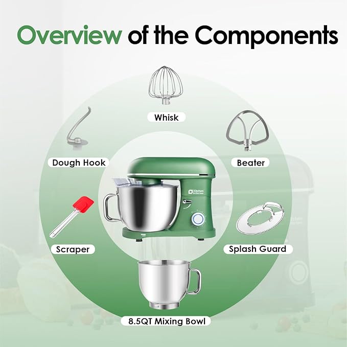 Kitchen in the box Stand Mixer, 900W 8.5QT Kitchen Electric Mixer, 6-Speed Large Capacity Food Mixer for Home Cooks with Egg Whisk, Dough Hook & Flat Beater (Green)