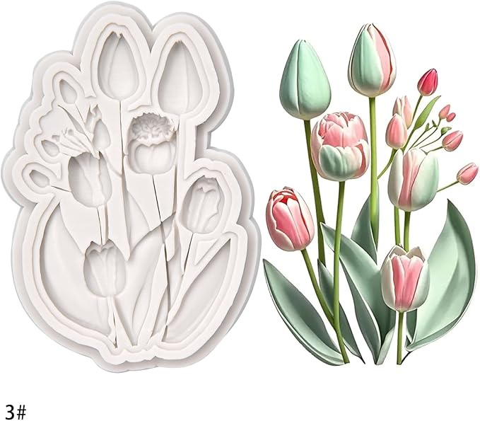 (Four-piece set) Rose and leaves, multiple floral designs, tulips, a string of fruits, DIY silicone molds, cake chocolate molds wedding cake decoration tools, soft candy cake molds