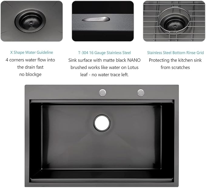 Lordear 33 Black Kitchen Sink Drop in 33x22 Drop Sink Stainless Steel 16 Gauge Gunmetal Black Ledge Workstation Single Bowl Topmount Overcounter Kitchen Sinks Deep Basin