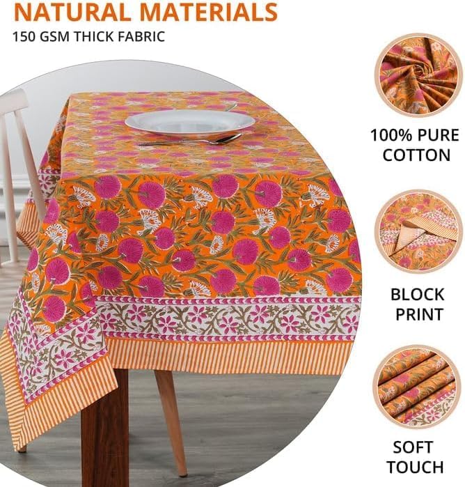 Ridhi Bubblegum Pink Hand Block Print Cotton Rectangle Tablecloth 120 x 60 inches Reusable Table Cover Decorative Everyday Use for Dining Room, Farmhouse, Home, Party, Festive & Wedding, Fall