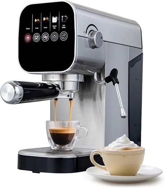 Espresso Machine with Steam Milk Frother Compact Cappuccino Machine with Programmable to Customized Americano Touch Screen Coffee Maker for Latte, Hot Water Stainless Steel