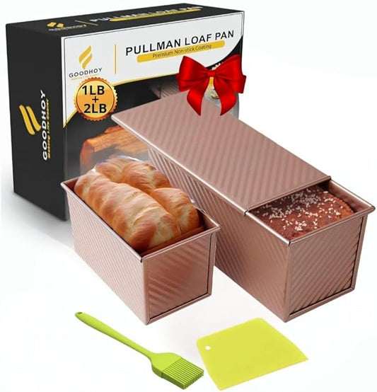 1lb+2lb set Nonstick Pullman Loaf Pan With Lid For Homemade Bread Carbon Steel Sandwich Bread Baking Mold With Sliding Lid Durable Toast Box For Square Loaf Shokupan Soft Milk Bread & Gift Box