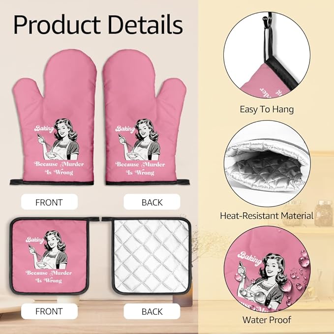Baking Because Murder is Wrong Funny Oven Mitts and Pot Holders Sets, Funny Retro Kitchen Decor Oven Mitts for Women, Housewives Gifts Hostess Gifts for Her, Housewarming Present for Bakers
