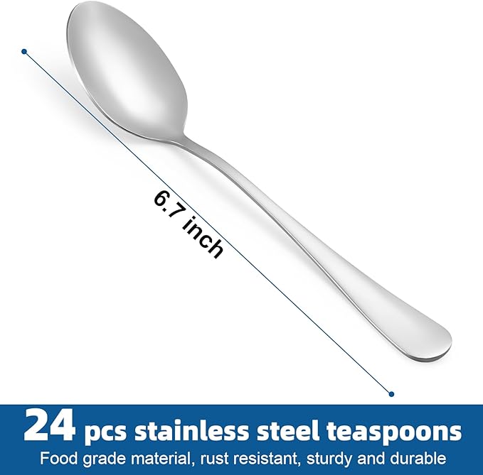 24 Pcs Teaspoons Set, Food-Grade Stainless Steel Spoons Silverware, Cutlery Tea Spoons, Durable Dessert Spoons, Metal Spoon for Home, Kitchen or Restaurant, Mirror Polished, Dishwasher Safe 6.7 Inch