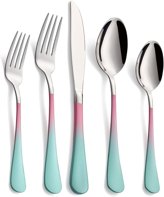 20-Piece pink & green Silverware Set,18/0 Stainless Steel Colorful Handle Flatware Set,Service for 4,Modern Cutlery Set Includes Dinner Knives Forks Spoons, Mirror Polished,Dishwasher Safe
