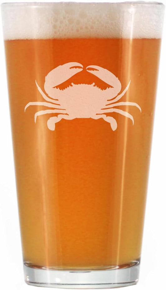 Crab Pint Glass for Beer - Beach Themed Decor and Gifts for Ocean Lovers - Engraved Silhouette - 16 Oz Glasses