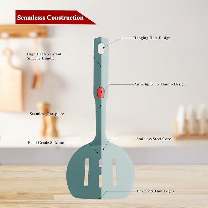 Food Grade Silicone Spatula,Round Slotted Pancake Spatulas for Nonstick Cookware Omelette Egg Spatula Turner 600°F Heat-Resistant