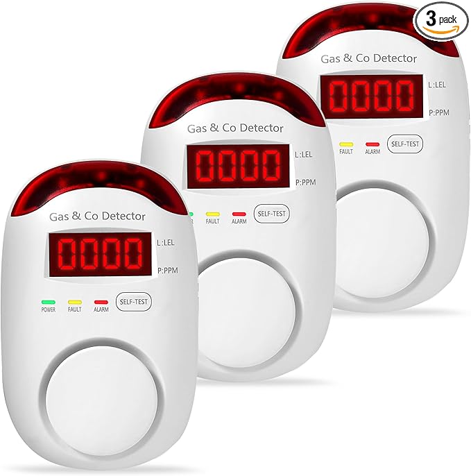 3 Packs Combination Gas & Carbon Monoxide Detectors, Plug in Natural Gas Detector & Carbon Monoxide Alarm, CO Detector Alarm & Propane, Methane, Explosive Gas Detector for Home,RV,Easy to Install