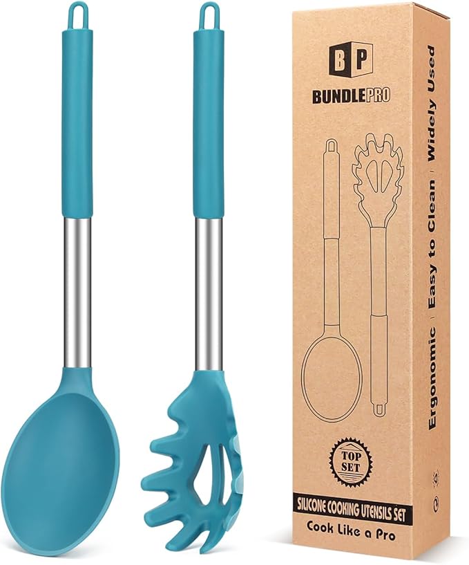 Silicone Pasta Fork and Cooking Spoon Set, Non Stick Kitchen Utensils for Cooking,Stirring,Serving Spaghetti, Soup, Sauce (BLUE)