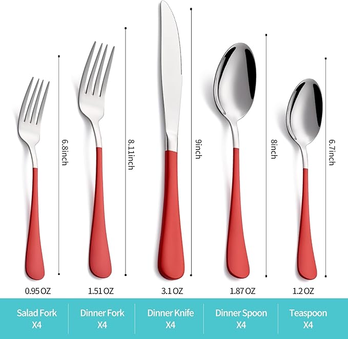 20-Piece Red Silverware Set for 4, 18/0 Stainless Steel Flatware Cutlery Utensils Set, Include Dinner Knives,Dinner Forks,Dinner Spoons,Salad Forks,Teaspoons,Dishwasher Safe
