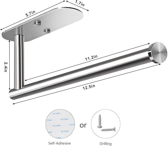 VAEHOLD Adhesive Paper Towel Holder Under Cabinet Mount, Wall Mounted Paper Towel Roll Holder for Kitchen Paper Towel, Stainless Steel（Silvery）