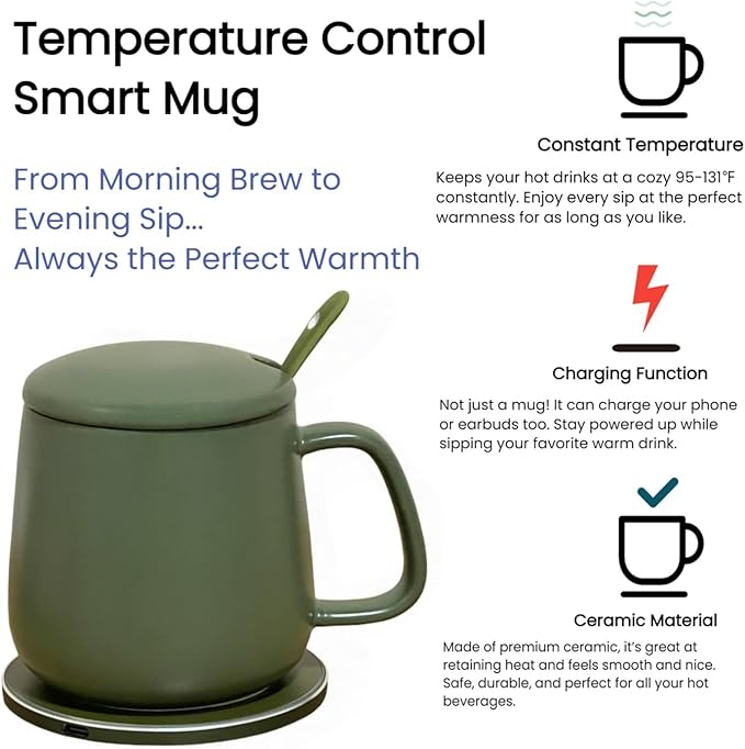 Smart Temperature Control Mug, 13 Oz Premium Ceramic Coffee Cup with 15W Wireless Charger, Charges Phones, Olive Green