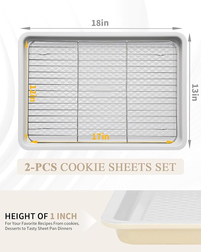 Nonstick Ceramic Baking Sheet With Rack, 2-Pack Half Sheet Pan, Non-Toxic, PTFE & PFOA Free, Warp-Free, Oven Safe 550°F, Dishwasher Safe, Aluminized Steel, Gray Yellow