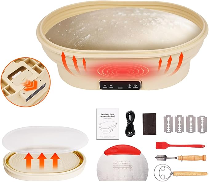 4L Heating Bread Proofing Basket Set Foldable Thermostatic Silicone Bowl with 77-122℉ 6 Gears Temperature & 6H Timer, for Artisan Baking Sourdough Starter Bread Making Supplies Tools Kit