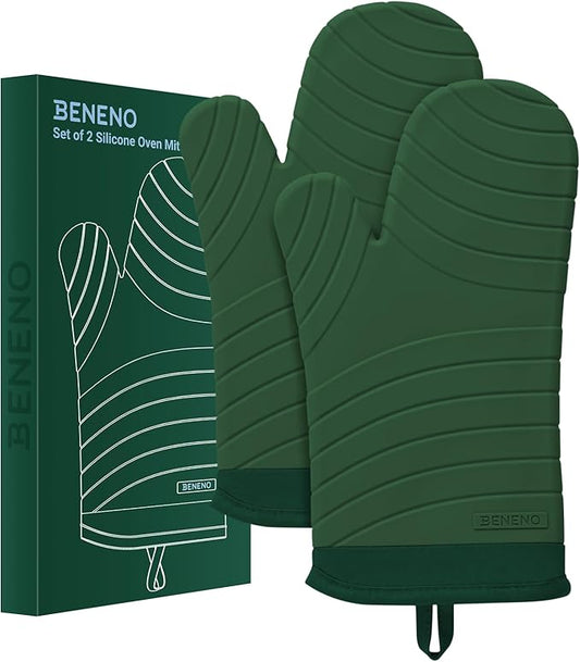 Beneno Premium Silicone Oven Mitts 2-Pack Heat Resistant 500°F, Soft Flexible Non-Slip Grips, BPA-Free & Waterproof Oven Mitts with Comfort Cotton Lining for Baking, Grilling, Cooking, 7"x13", Green